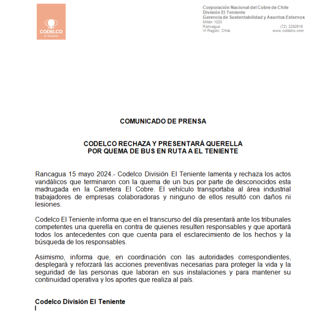 Codelco rechaza quema de bus en ruta a El Teniente