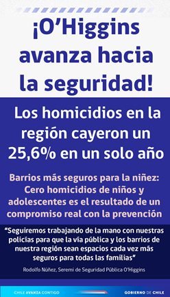 Región de O’Higgins destaca con importante baja en homicidios consumados durante el 2025